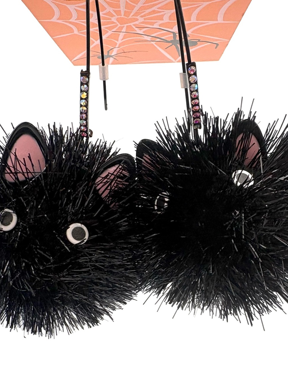 Betsey Johnson Black Pom-Pom Cat Face Drop Earrings with Pink Ear Accents